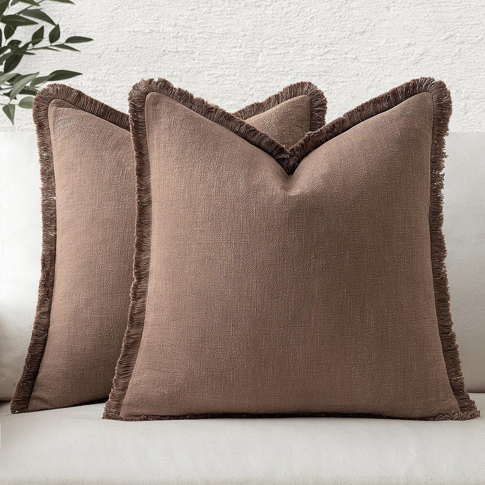 MIULEE Linen Fringe Decorative Fall Throw Pillow Covers Dark Coffee 20x20