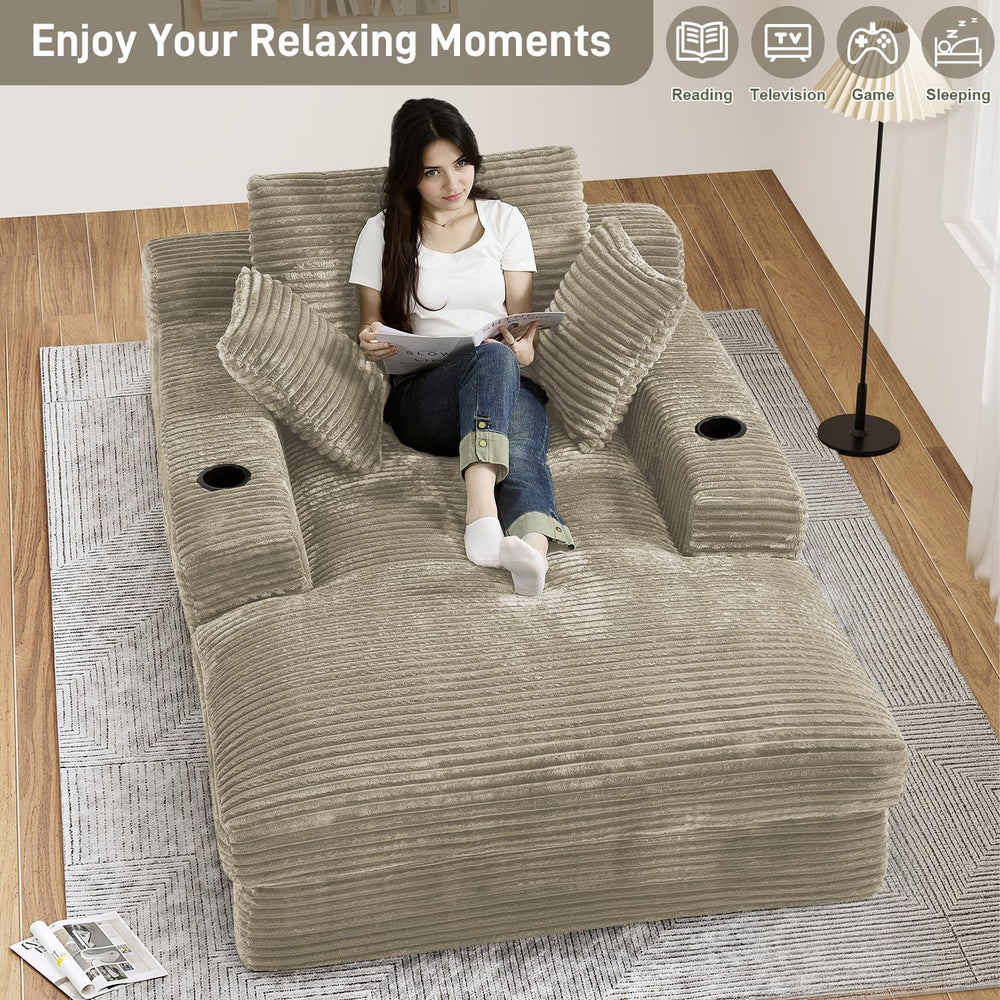 75.9"D Oversized Chaise Lounge Chair Indoor with Cup Holders,Camel