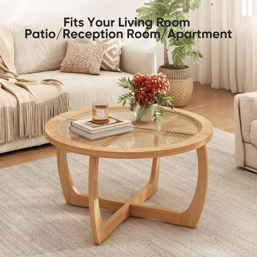 PADMA HOUSE Round Wood Coffee Table with Glass Rattan Top, 32.28" x 18.1...