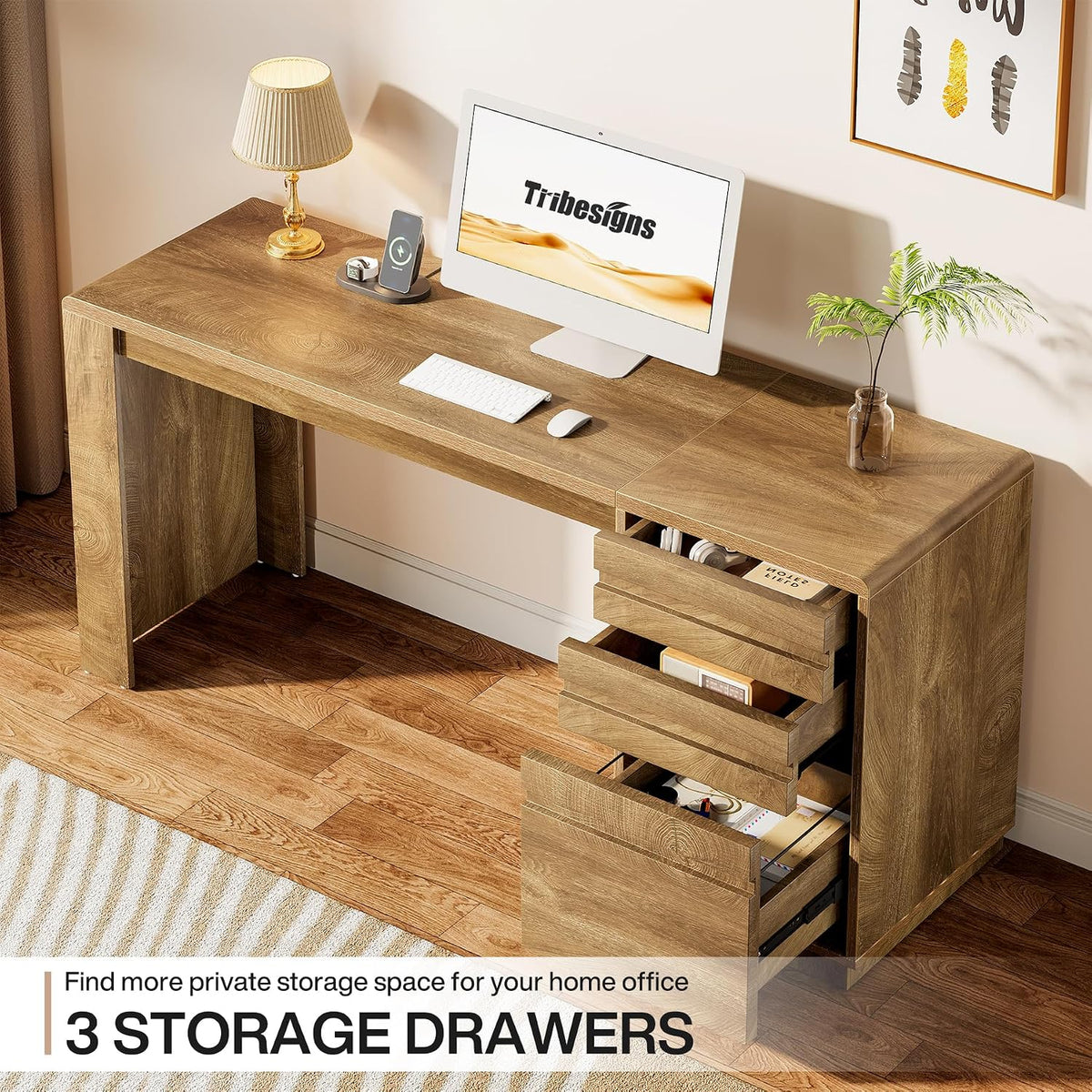 Tribesigns 55-Inch Computer Desk with 3 Drawers, Farmhouse Home Office Desk with Adjustable File Cabinet, Study Table Office Workstation, Walnut Brown