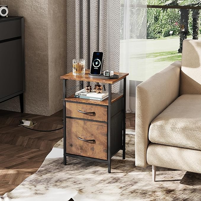 WLIVE Night Stand Set 2, Nightstand with Charging Station, Bedside Tables for Bedroom, Side Table with Fabric Drawers, USB Ports and Outlets, Rustic Brown