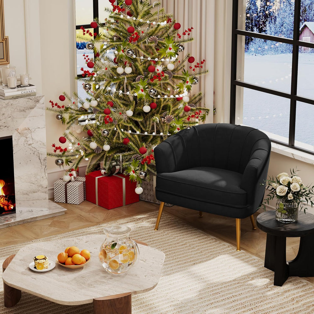 Andeworld Velvet Accent Chair, Barrel Armchair, Black