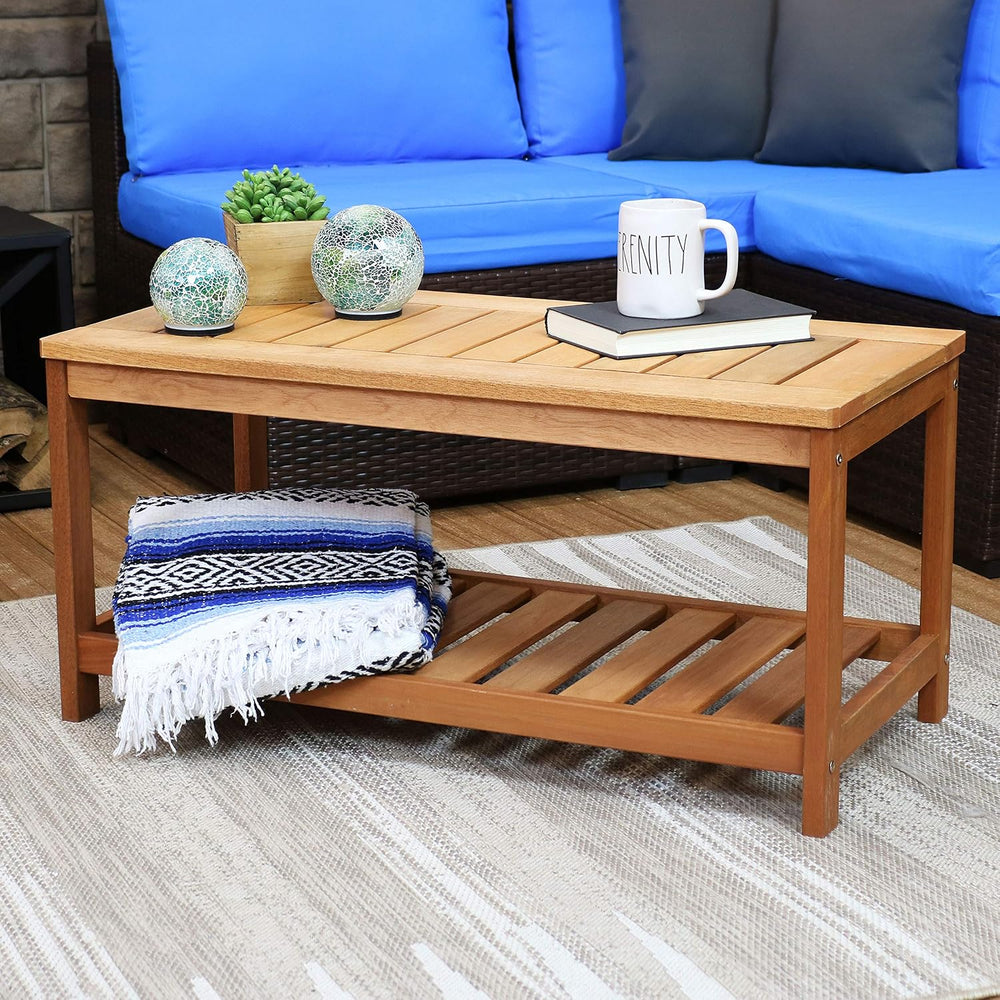 Sunnydaze Meranti Wood Patio Coffee Table with Storage, 35” W, Rectangular