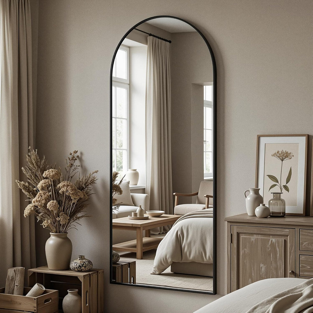 Antok 58" x 20" Arched Full Length Floor Mirror, Aluminum Frame, Black
