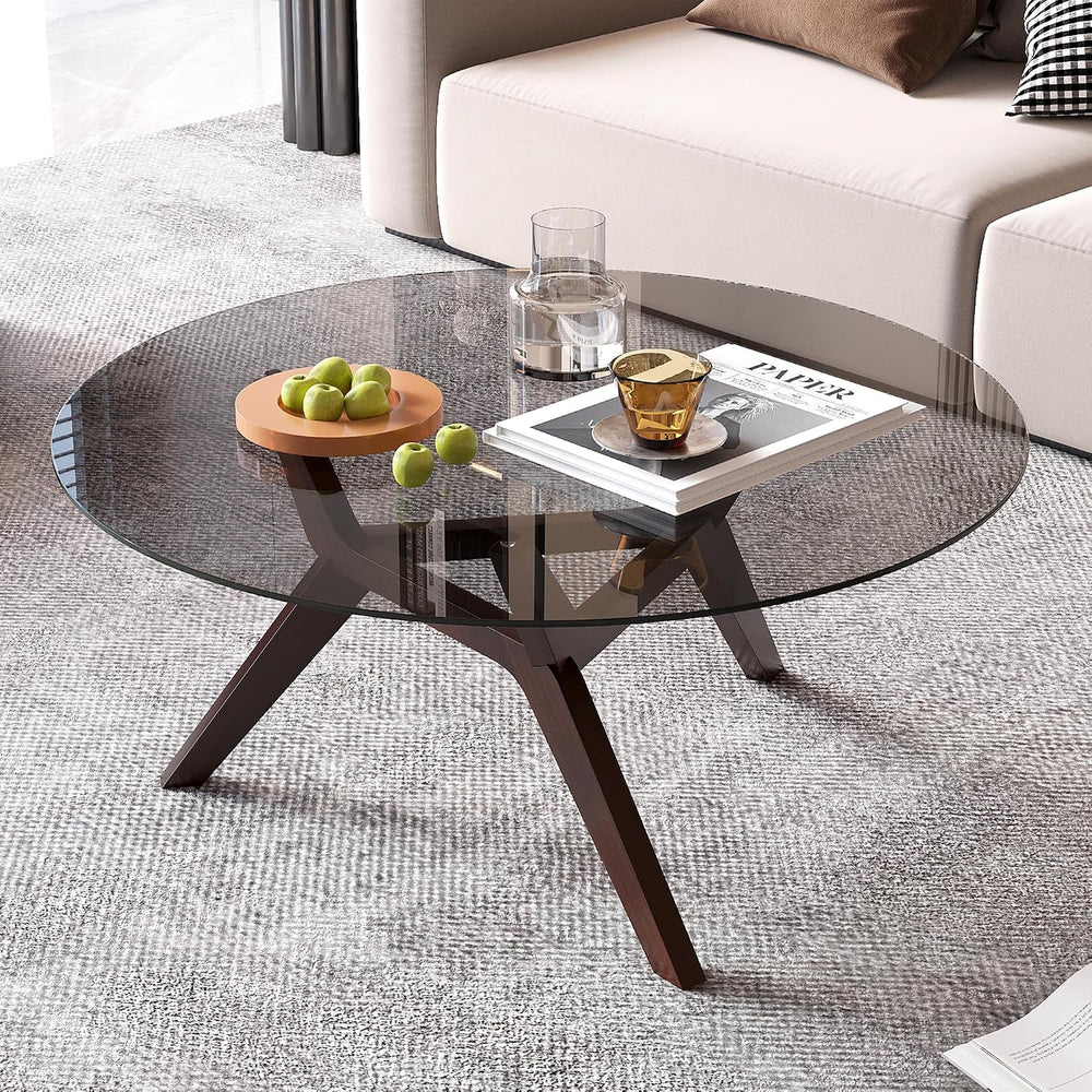 Vlsrka Round Glass Coffee Table, Soild Wood Base, 31.5" W, Walnut
