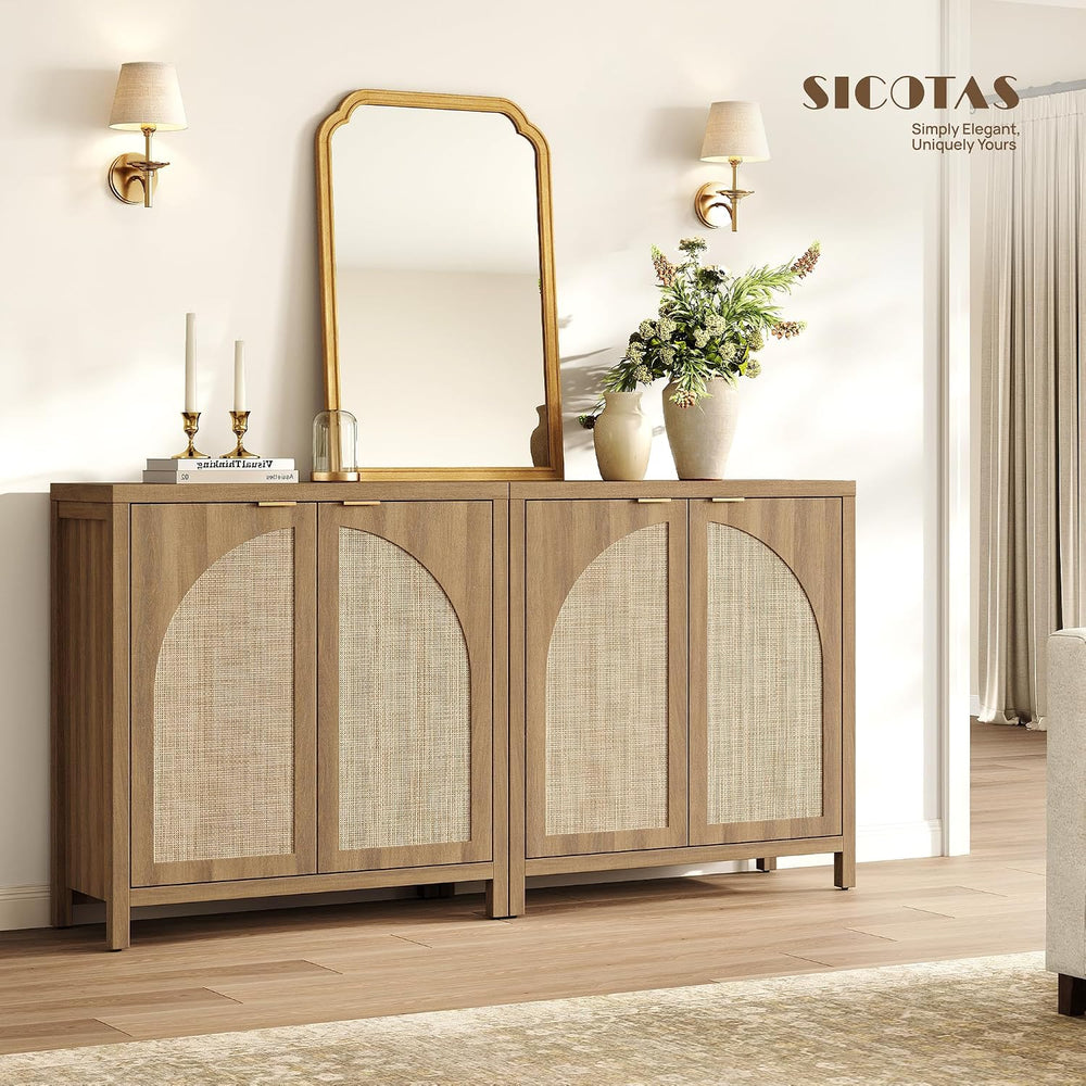 SICOTAS Rattan Sideboard Buffet Cabinet with Storage Credenza, 2 Arch Doors