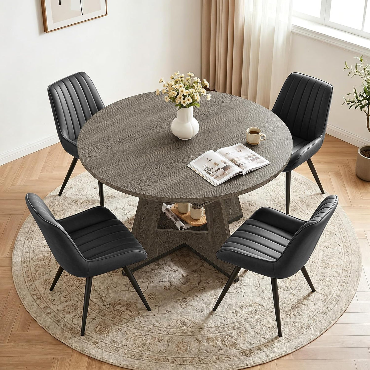 Miereirl Extendable Dining Table Set for 4-6, 47.24"-63" Round to Oval Dining Table Set with Upholstered Chairs, Hidden Storage Shelf, Kitchen & Dining Room Furniture for Apartment
