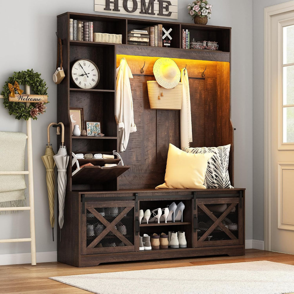 75''H 59''W Large LED Farmhouse Hall Tree with Bench and Shoe...