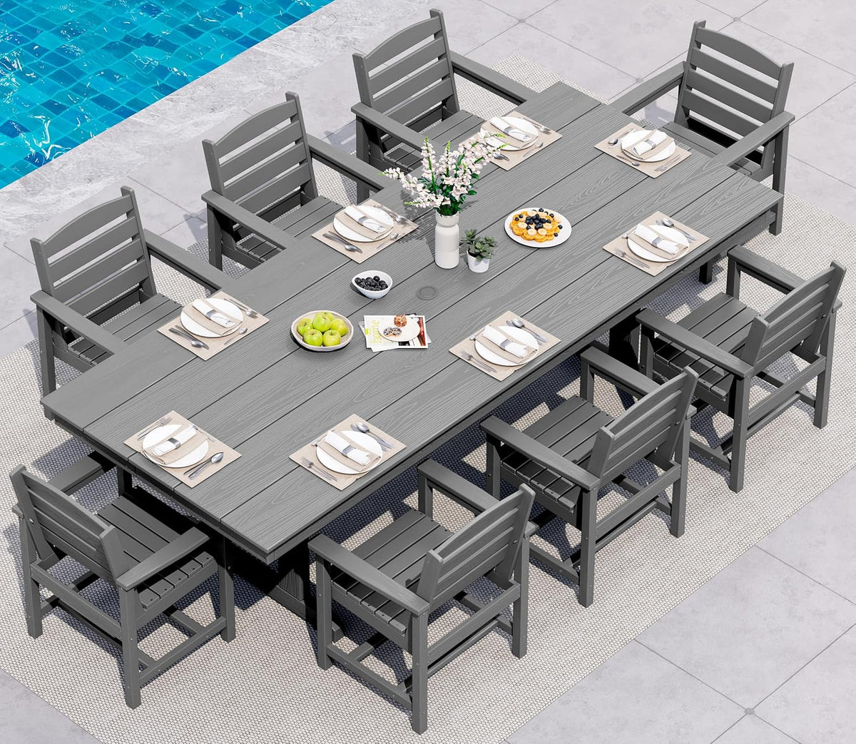 SERWALL 9Pcs 84" HDPE Outdoor Dining Set for 8 with Armchairs,Gray