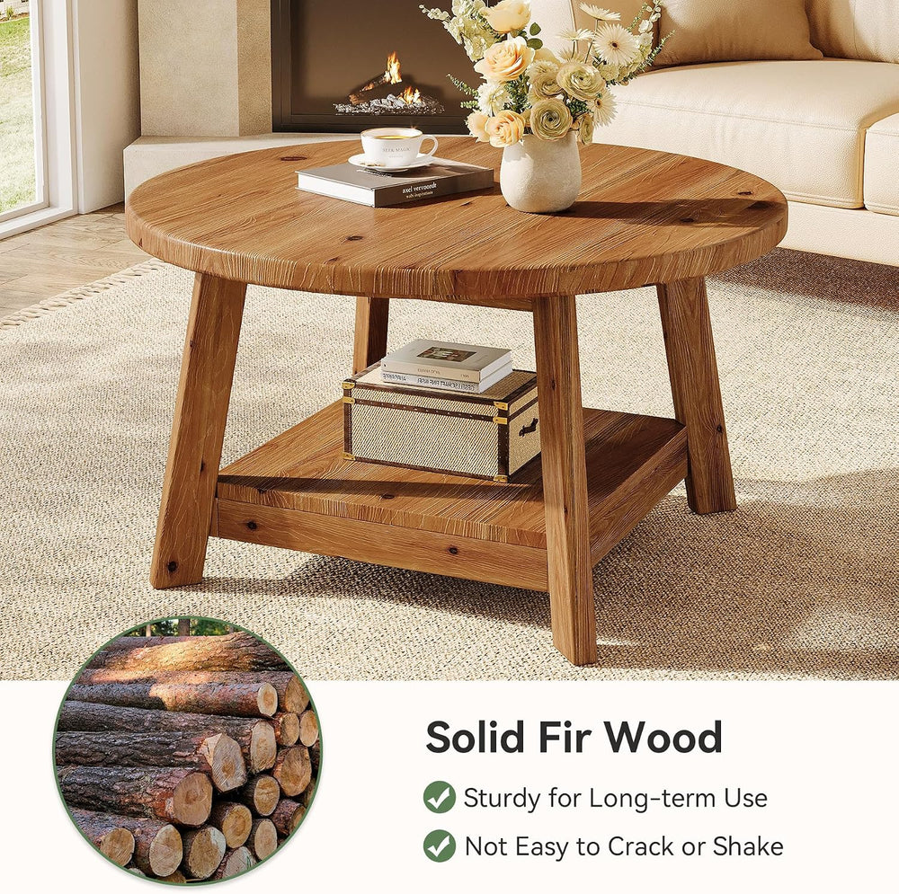 Solid Wood Round Coffee Table for Living Room, 31.5” Farmhouse Wooden 2-Tier ...