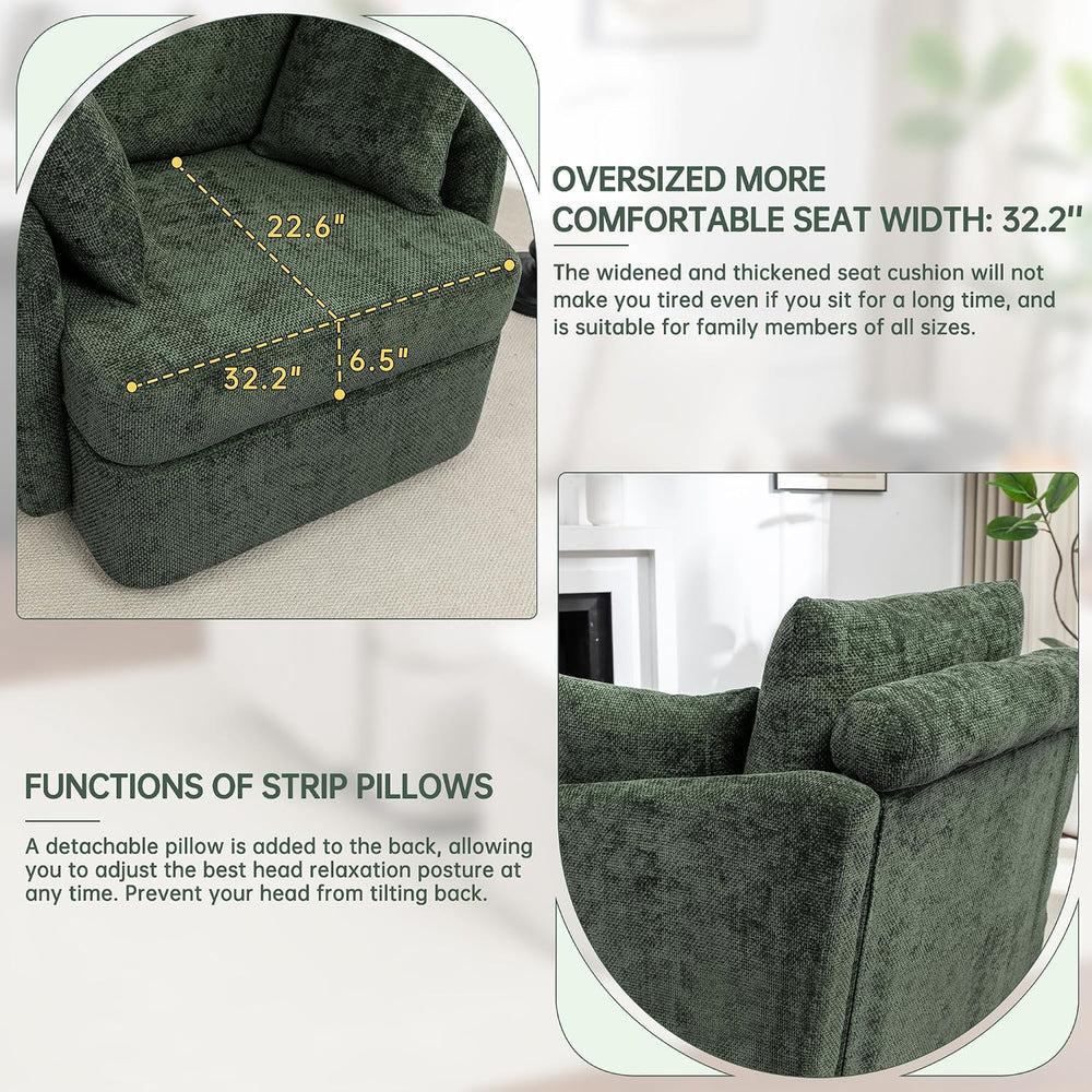 Swivel 39" Accent Chair with Ottoman & Pillows (Chenille Green)