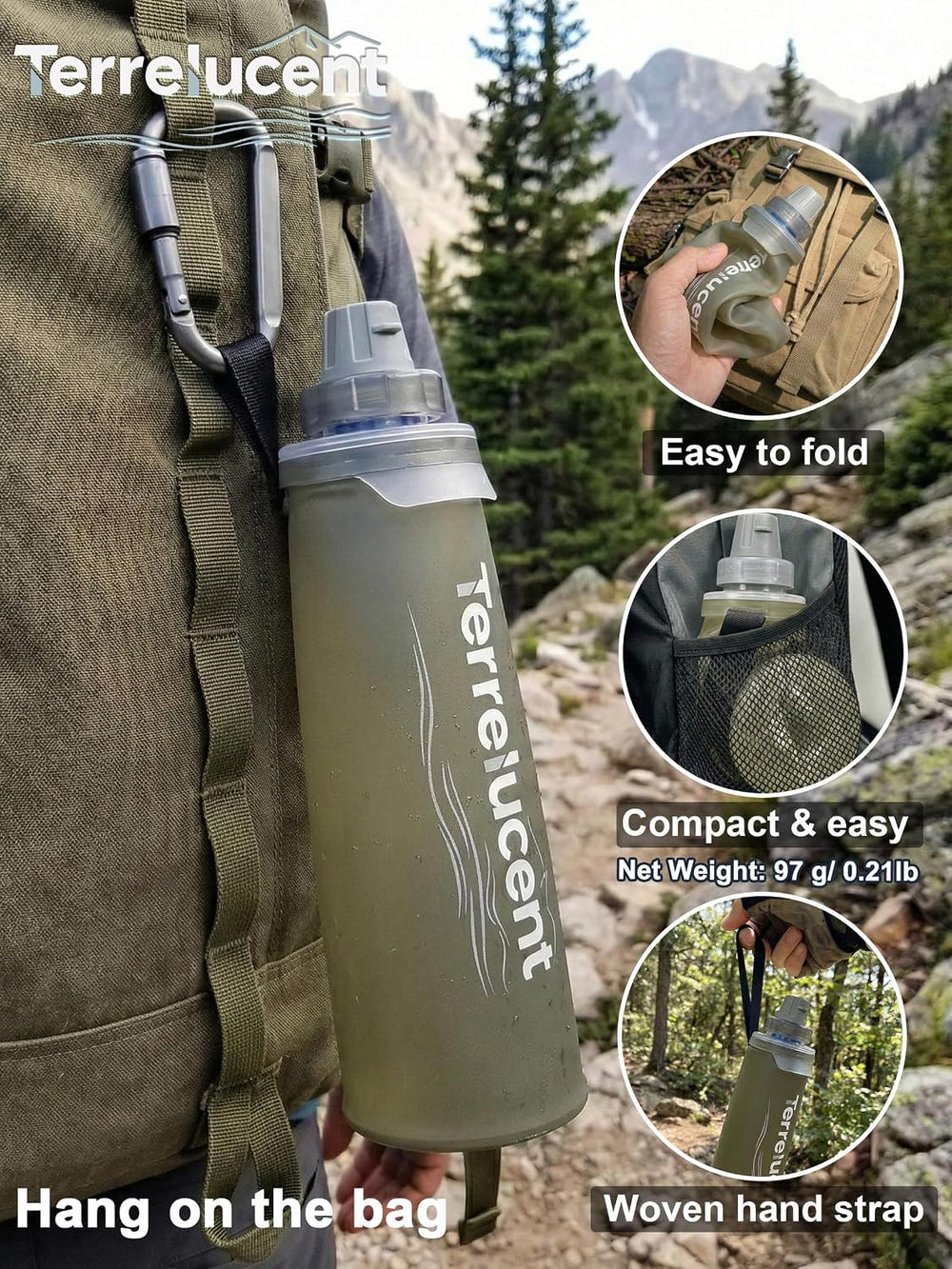 Collapsible Water Bottle with Filter, 25.4oz/750mL, BPA-Free Gray TPU