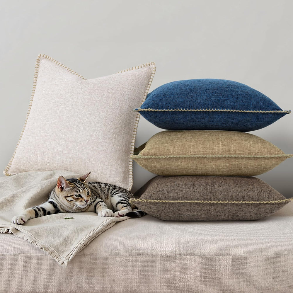 decorUhome Beige Faux Linen Outdoor Throw Pillow Covers 26x26 Set of 2