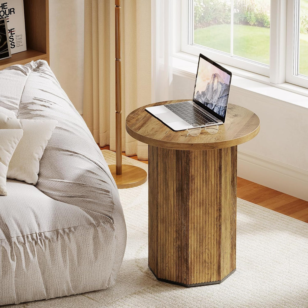 Tribesigns Round End Table, Farmhouse Fluted Side Table with Pedestal Base, Wooden Nightstand Accent Furniture for Living Room, Small Space, Bedroom (Brown)