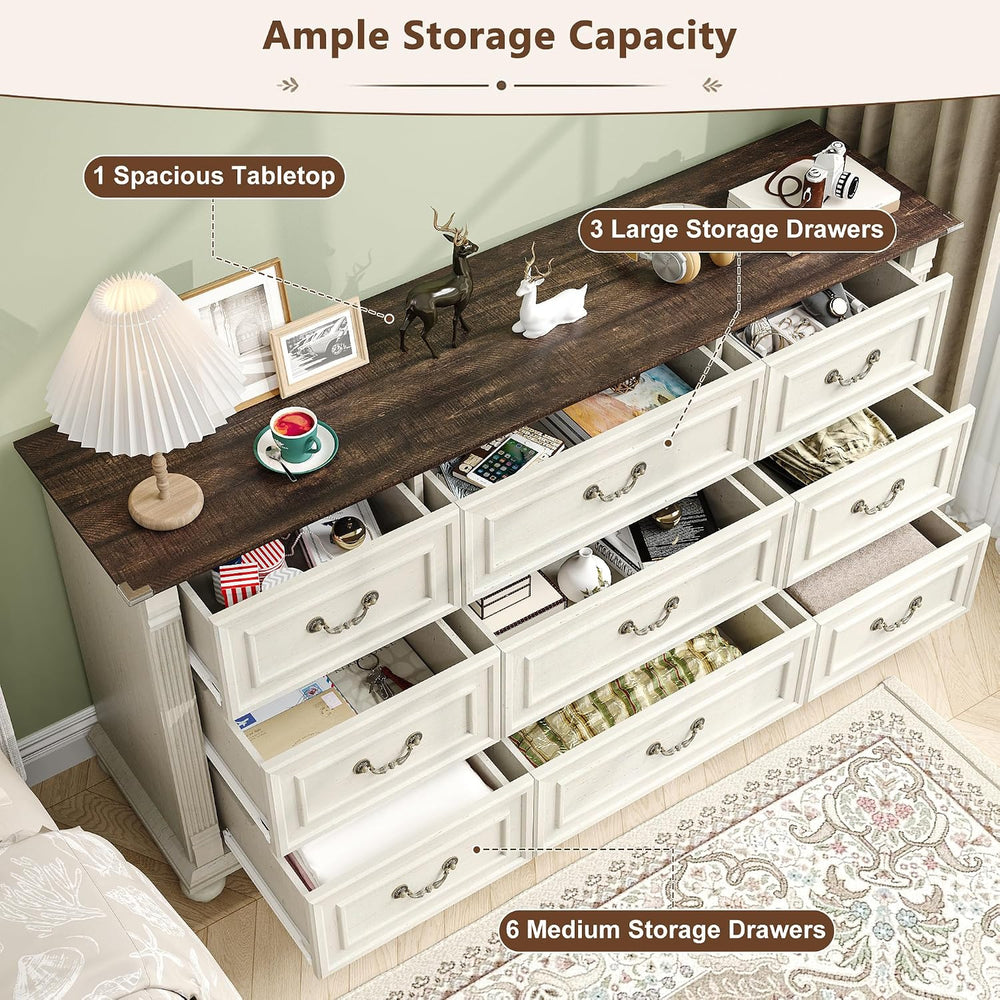 St.Mandyu Farmhouse 9 Drawer Dresser for Bedroom with 6 Gourd Feet and Roman ...