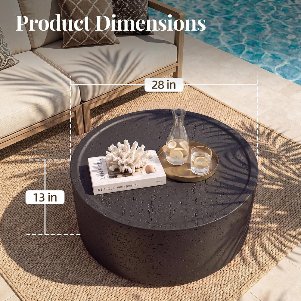 UPHA 28" Round Outdoor Coffee Table, Travertine Look, Black