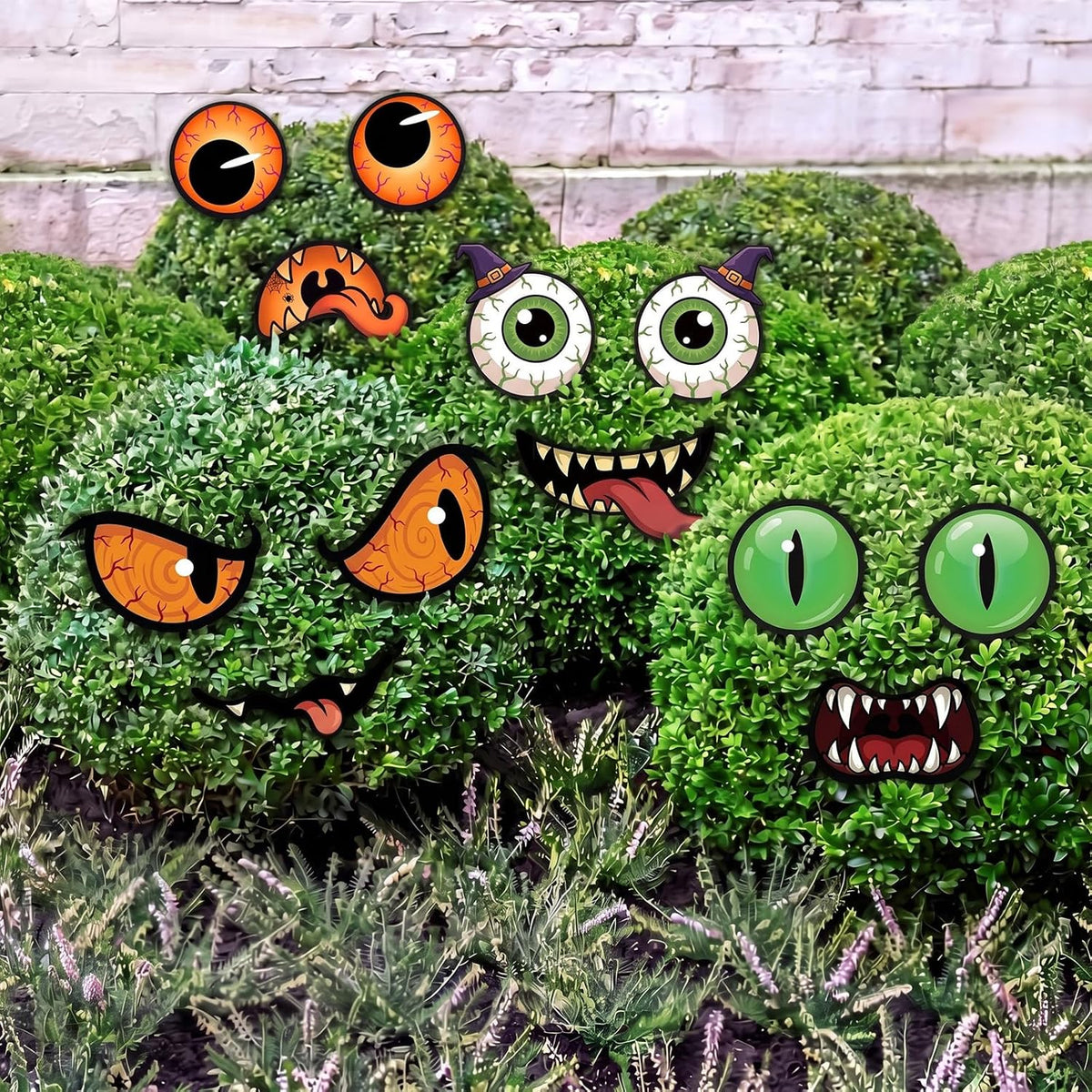 Junkin 12 Pcs Big Halloween Bush Eyes and Mouths, 4 Styles Yard Decorations