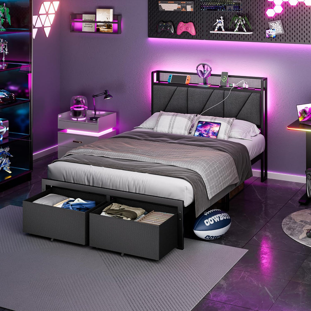 Furnulem Full Size Bed Frame with 2 Storage Drawers & Upholstered Headboard
