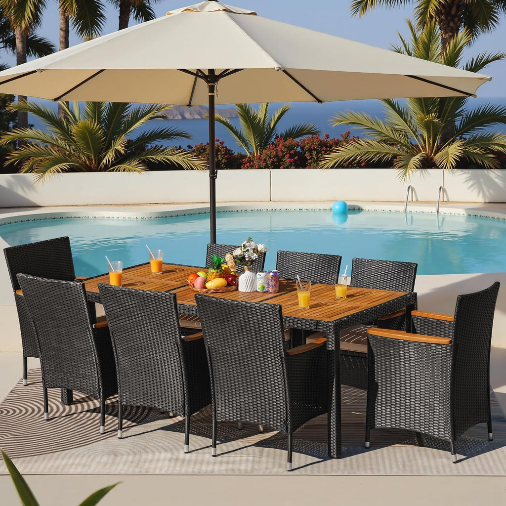 greesum 9 pieces patio dining set acacia wood shown in use