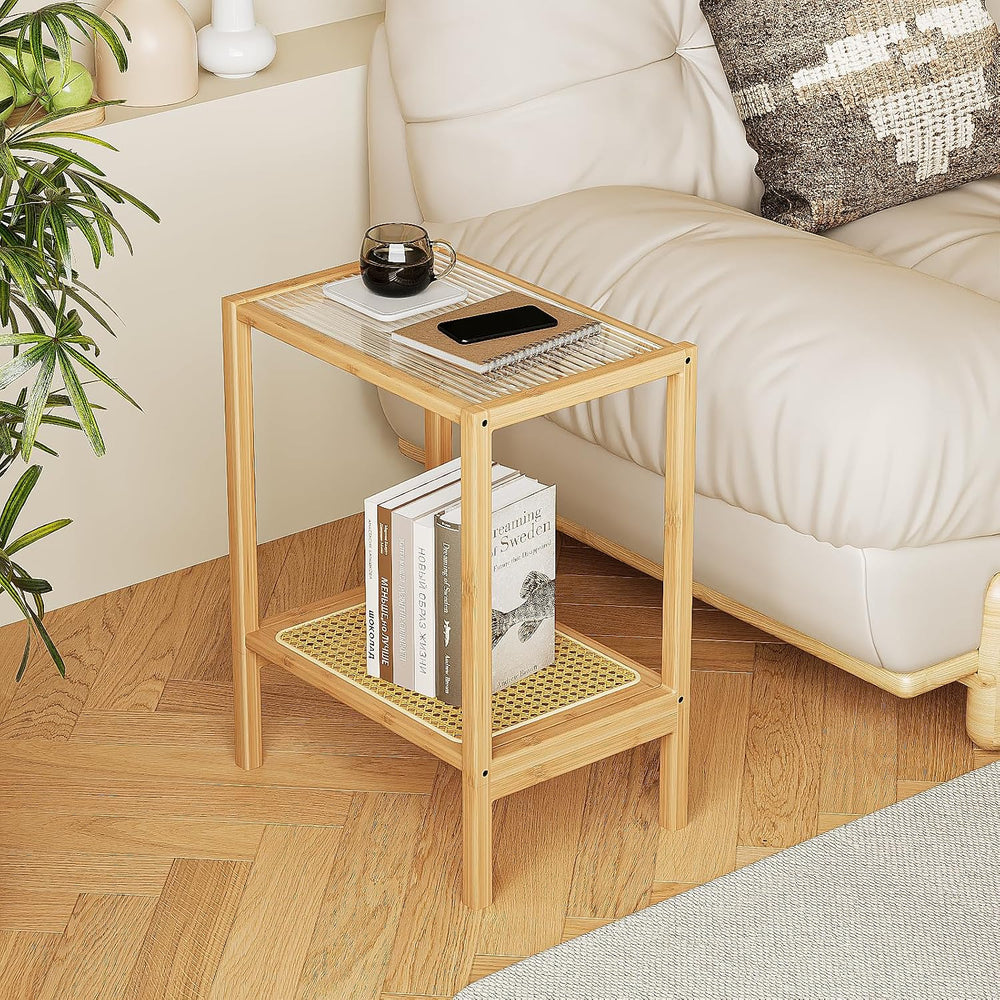Bamworld Side Table Nature Rattan End Table 2-Tier with Storage Boho
