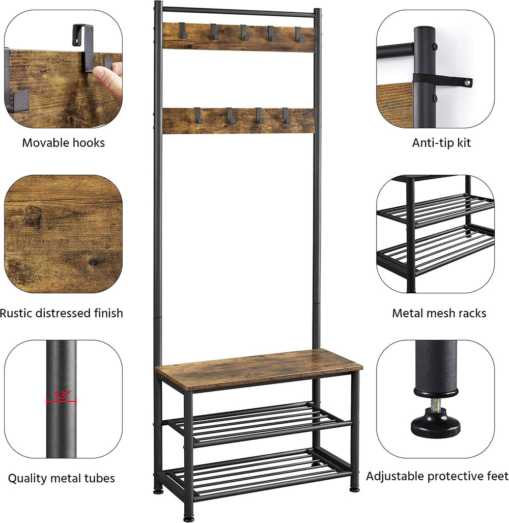 Yaheetech 3-in-1 Hall Tree with Bench, Shoe Rack for Mudroom, Rustic Brown