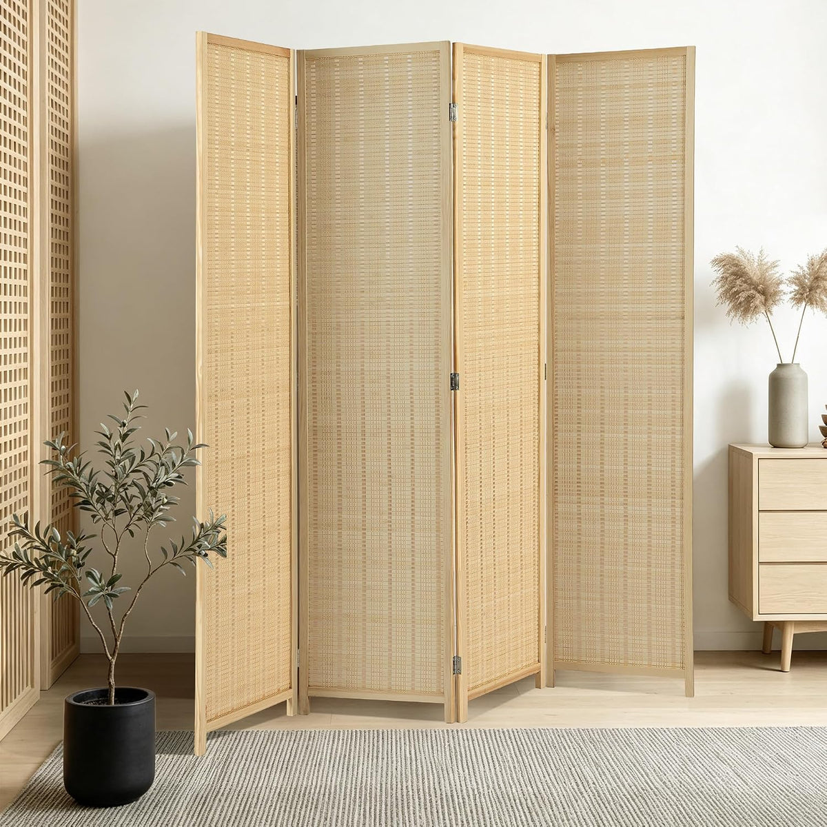 4 Panel Bamboo Room Divider, Folding Privacy Screen, Natural