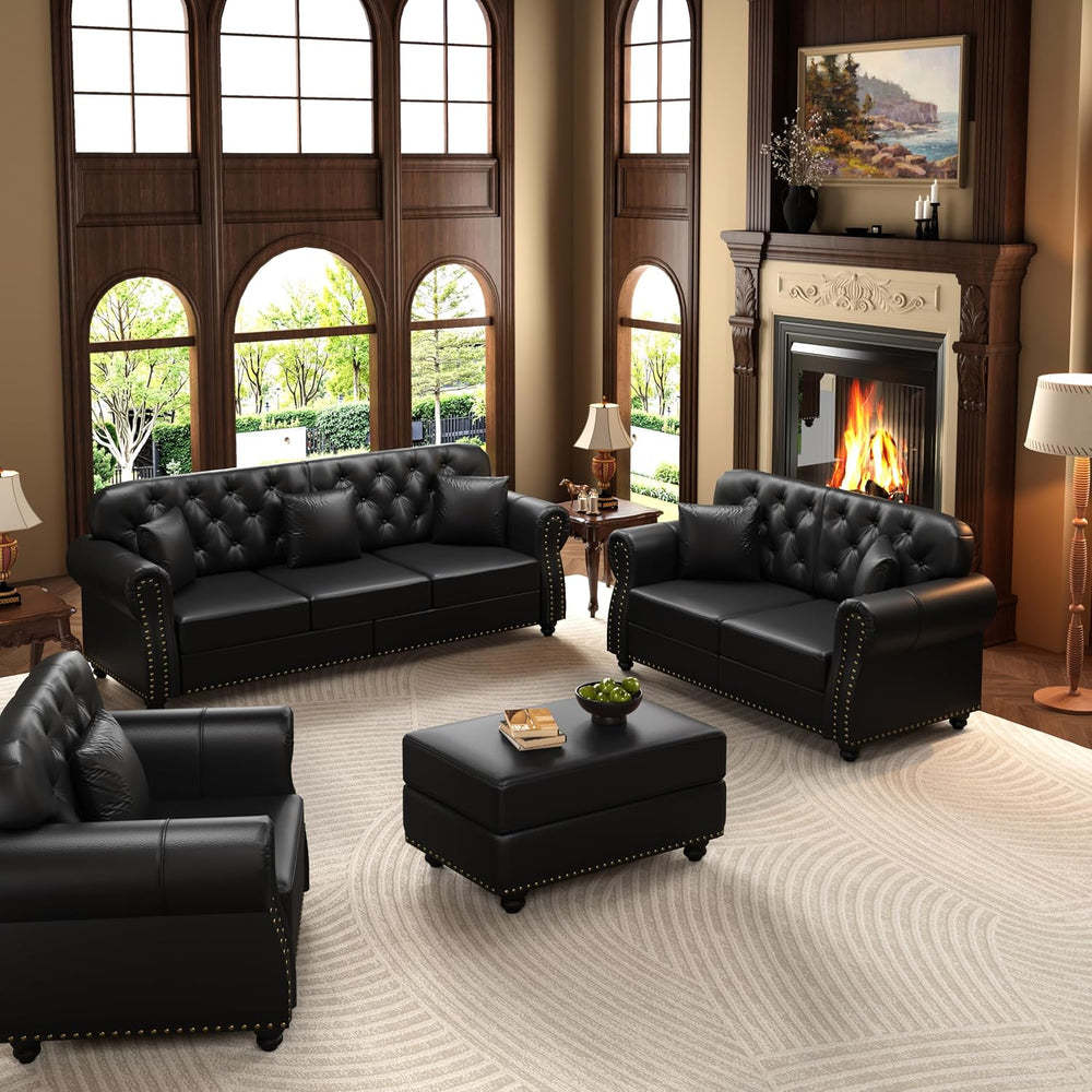 KEIKI 3-Piece Chesterfield Sofa Set with 1 Faux Leather 3-Seater Sofa & 1...