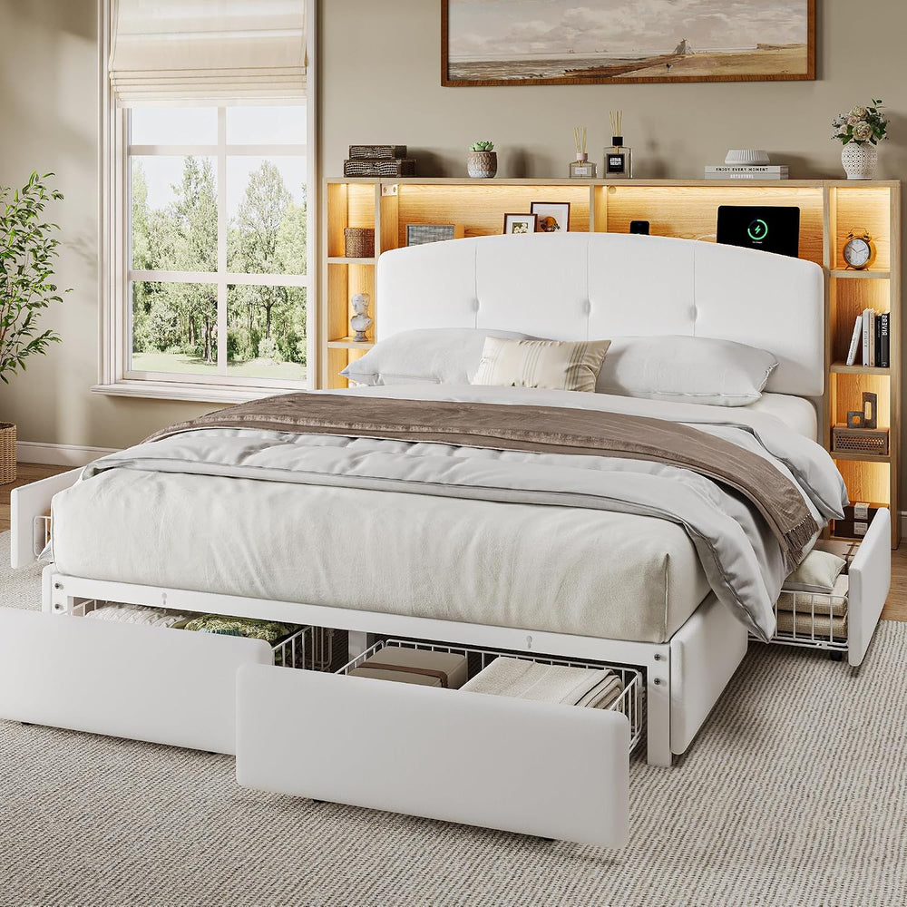 Einhomn Full Size Platform Bed Frame with 5-Tier Storage Headboard White