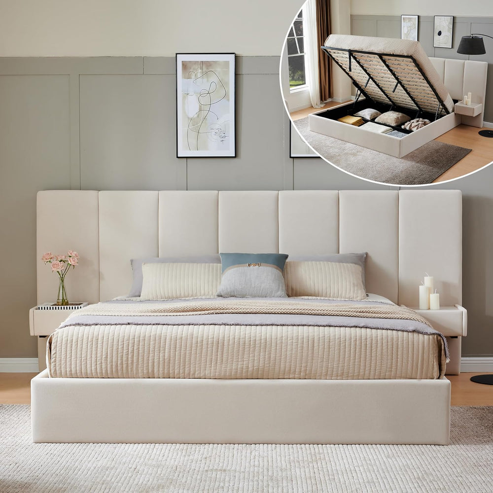 King Size Lift Up Storage Bed Frame with 2 Built-in Nightstands, Beige