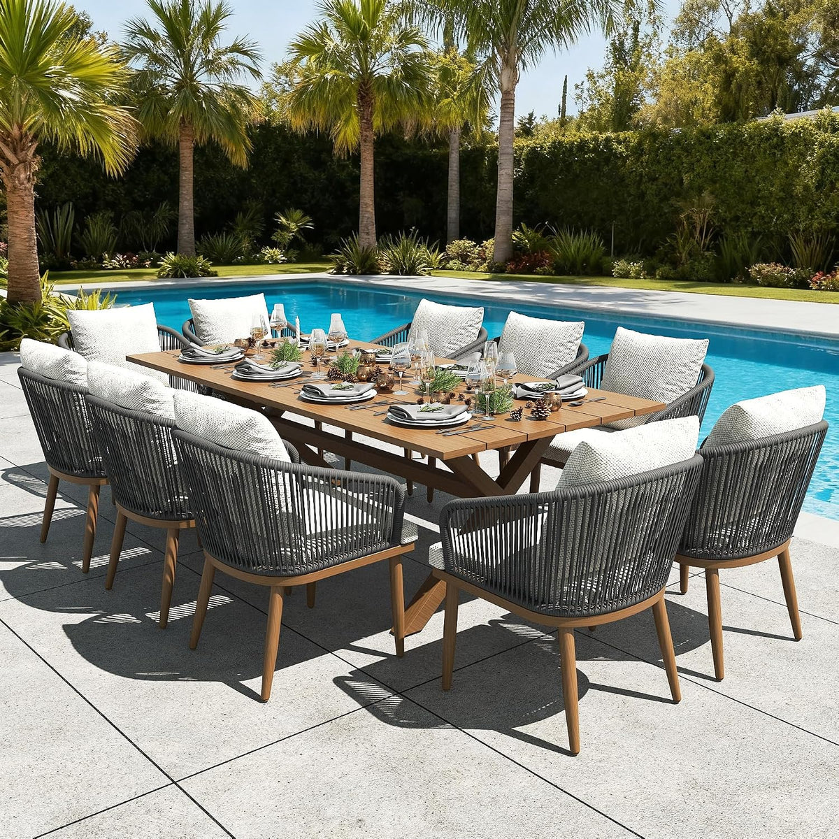 LayinSun 11 Pieces Outdoor Patio Dining Set, Aluminium Rectangular Dining Table and Wicker Rattan Chairs Set for Outside Backyard, Poolside