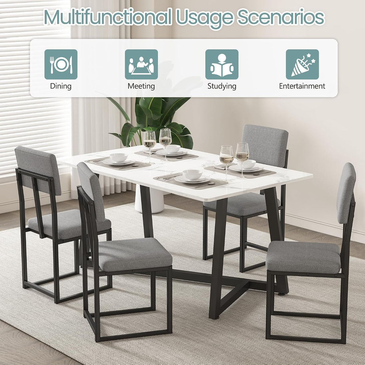 HUGROVE 5-Piece Dining Set, 47.24" Faux Marble Table with Chairs, Linen