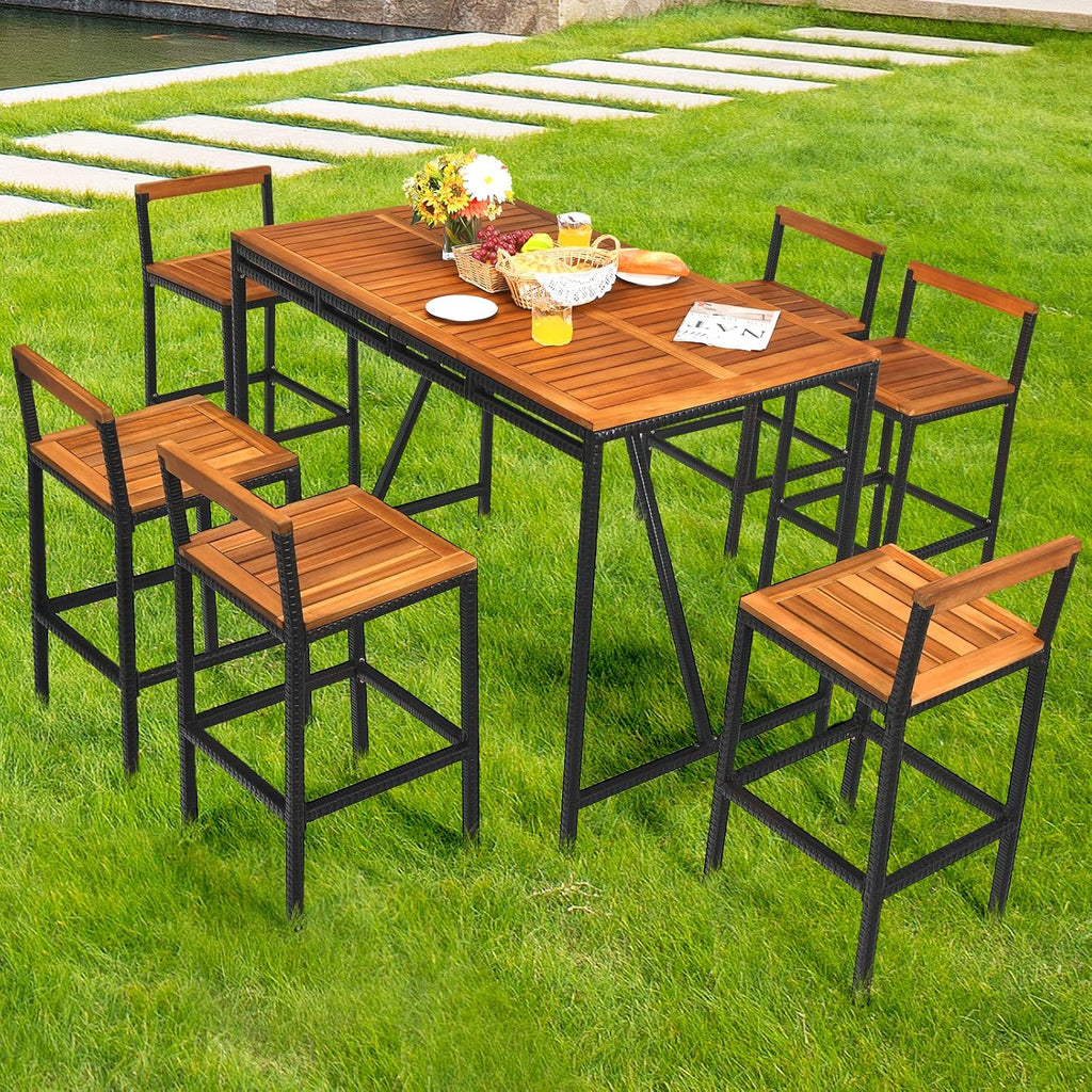 Tangkula 7-Piece Acacia Wood Bar Set with Patiojoy Outdoor Rattan High-Dining 6 Bar Stools and 1 Rectangular Table with Umbrella Hole - Outdoor Conversation Set for Patio, Backyard, Garden