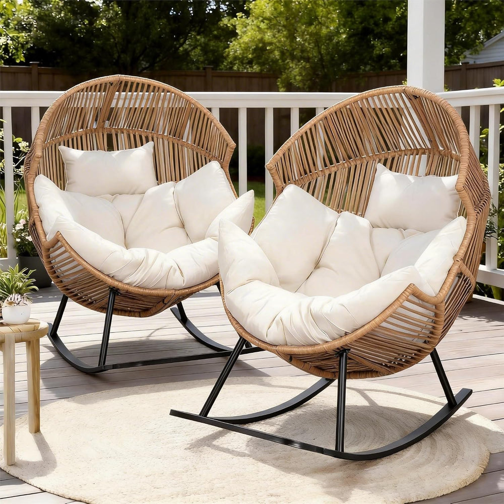 Oversized Outdoor Rocking Chair Set of 2, Wicker Egg Patio Lounge Chair Baske...