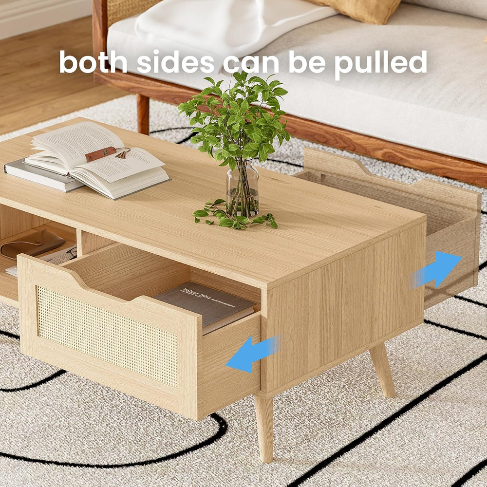 DIYART Oak Rattan Coffee Table, Mid Century Modern with Drawer & Shelf, 3...