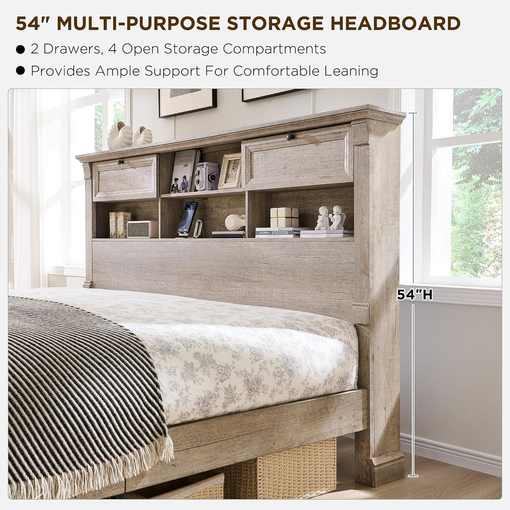 King Size Bed Frame with 54" Tall Storage Headboard, 2 Footboard Drawers