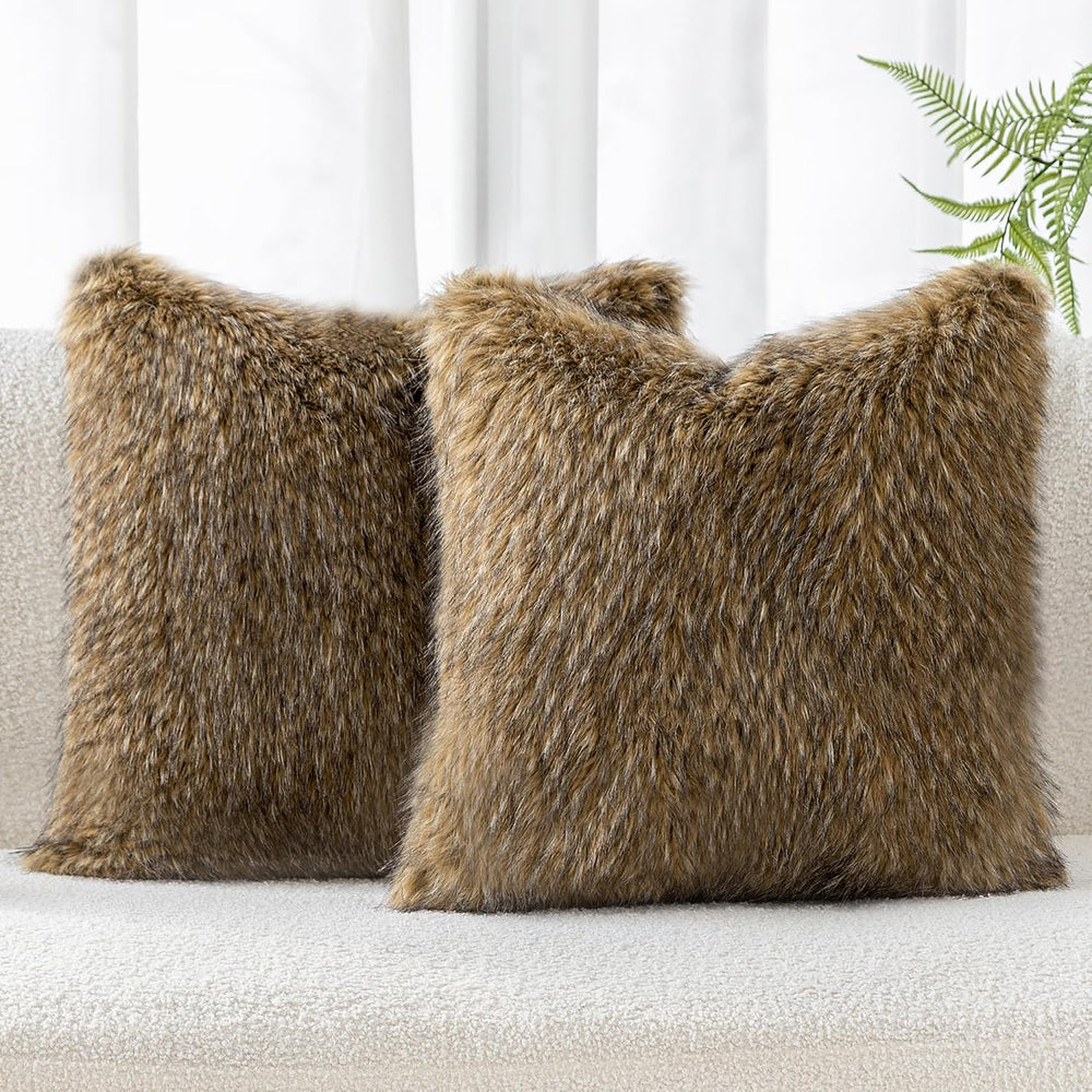 MOOX Faux Fur Pillow Covers 18x18 Inch Set of 2, Faux Raccoon Fur Textured De...