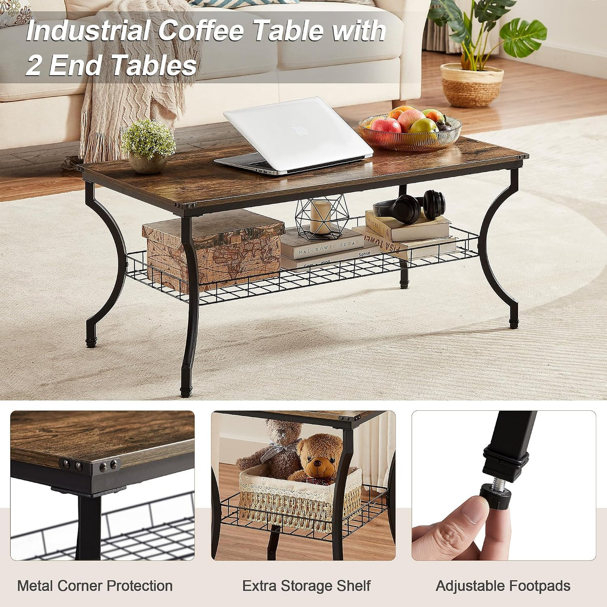 VECELO 3 Pieces Living Room Table Sets, Coffee and End Tables with Open Storage Shelves for Apartment, Home Office, Small Space, Easy Assembly, Brown