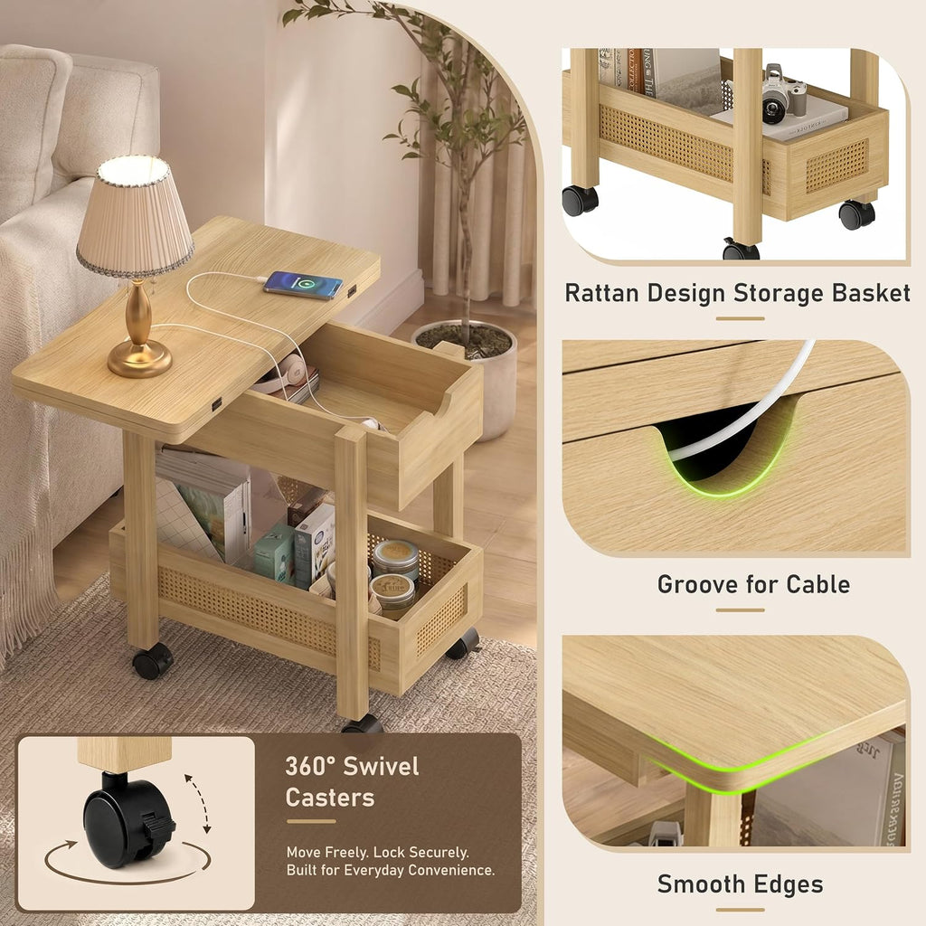 YOSHOOT Narrow End Table with Charging Station, Small Bedside Table