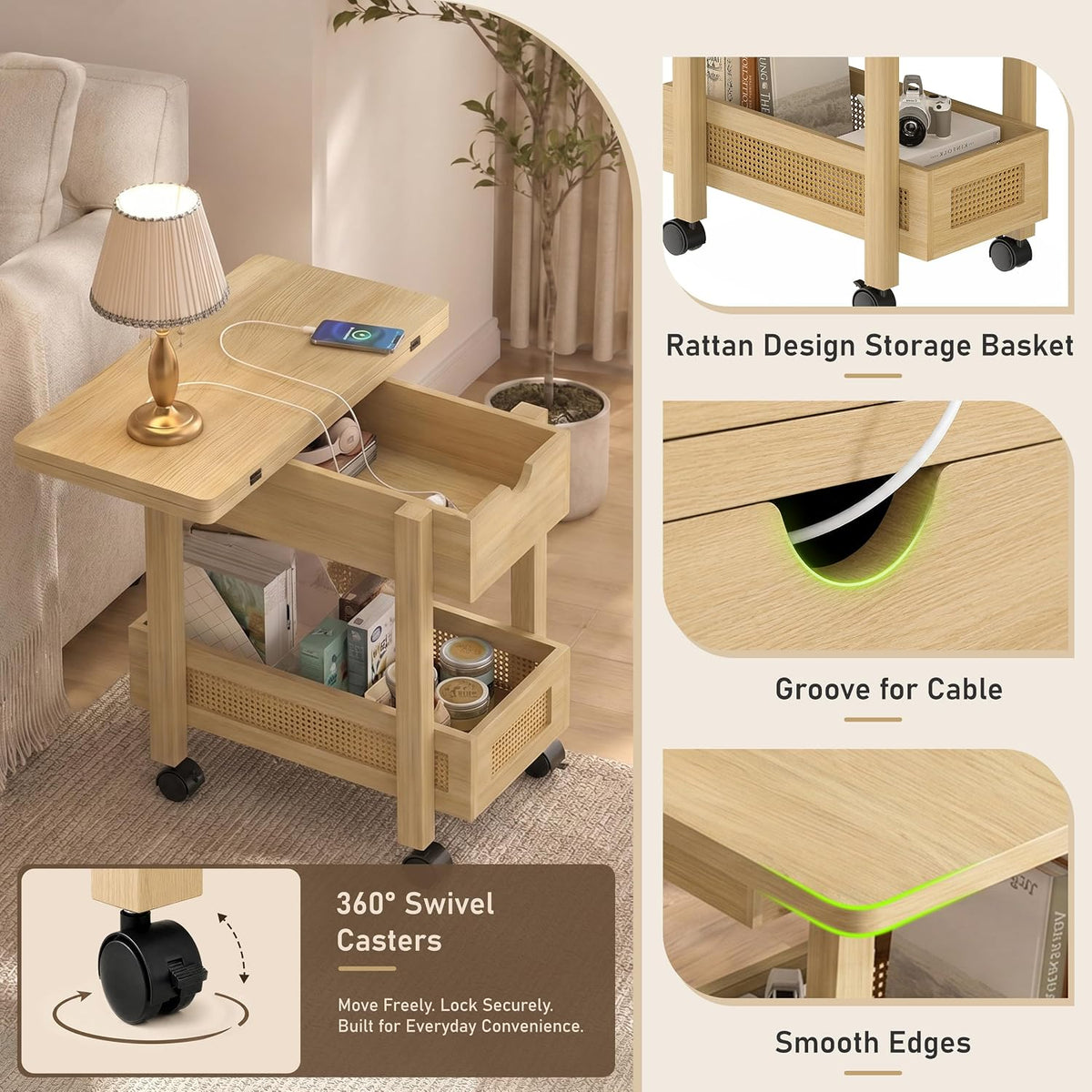 YOSHOOT Narrow End Table with Charging Station, Small Bedside Table