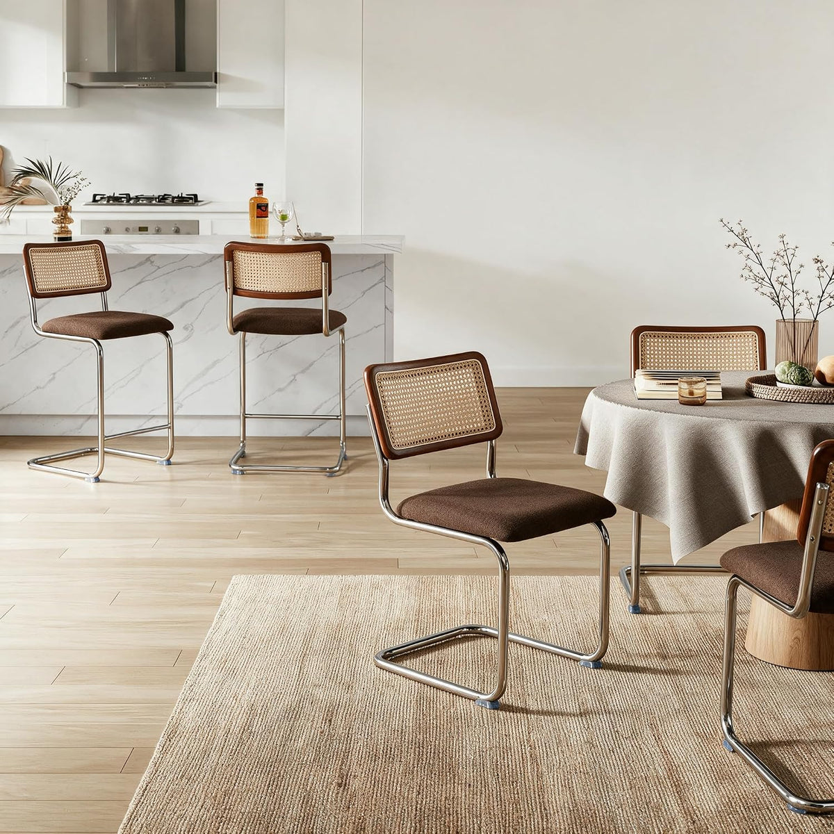 GrandNoor Natural Rattan Counter Height Stools Set of 3 with Solid Wood Back, 24 Inch Mid Century Modern Cesca Bar Stools, Brown Upholstery Boho Stool for Kitchen Counter with Chrome Metal Legs
