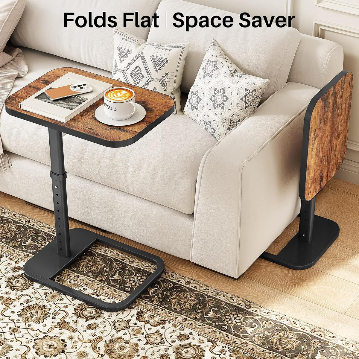 Kitstorack Upgraded TV Tray Table with Panel Lock, 90° Flip-Over Design & Adjustable Height, Sofa Arm Side Table for Eating, Laptop, Couch, Bed, or Small Spaces, Brown