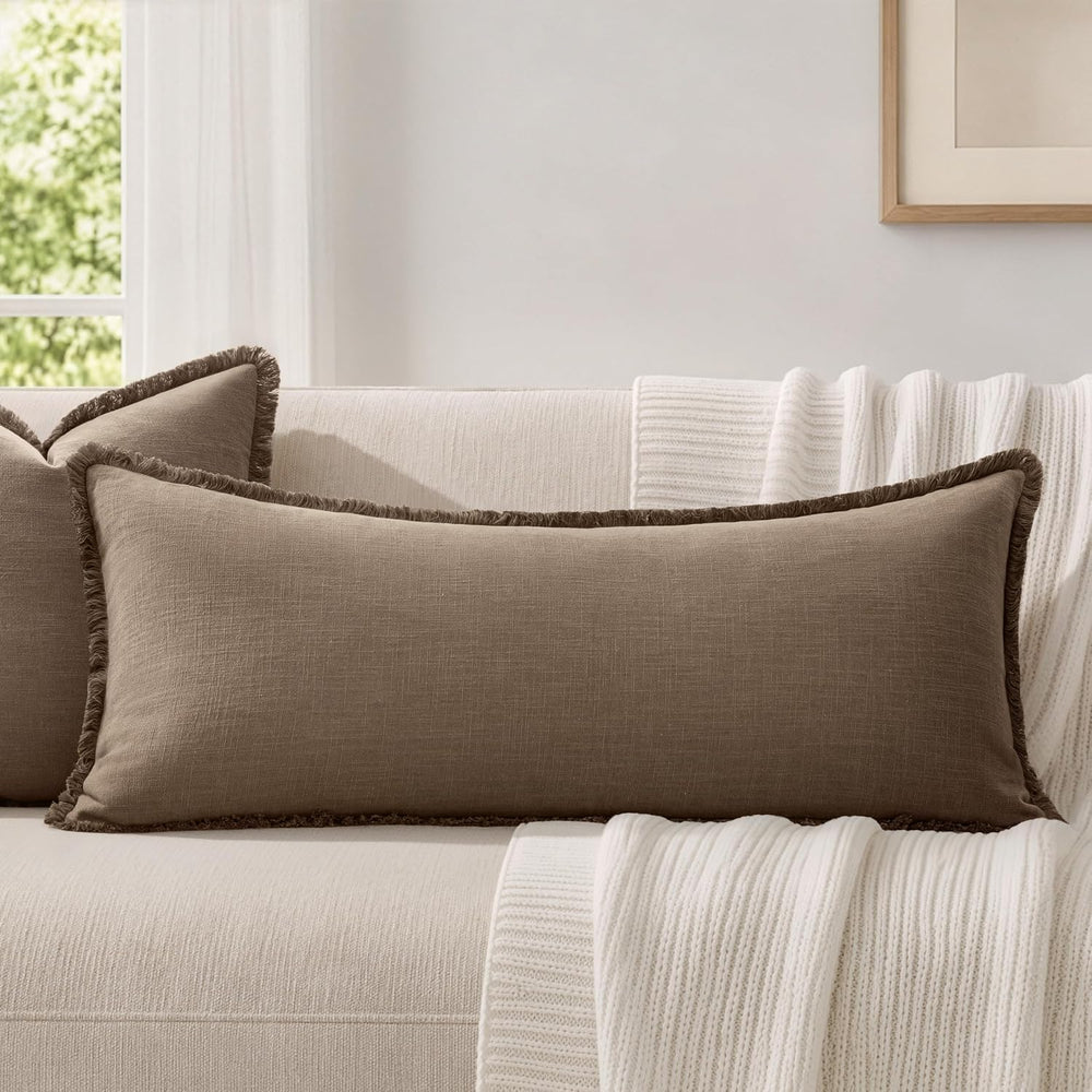 MIULEE 14x36 Long Linen Fringe Lumbar Pillow Covers Set of 1 Cocoa Brown