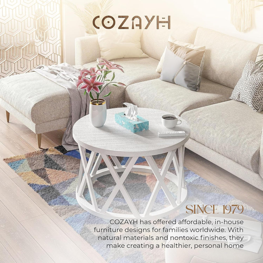 COZAYH Farmhouse Coffee Table, Rustic Round Coffee Table with X-Motifs Legs, ...
