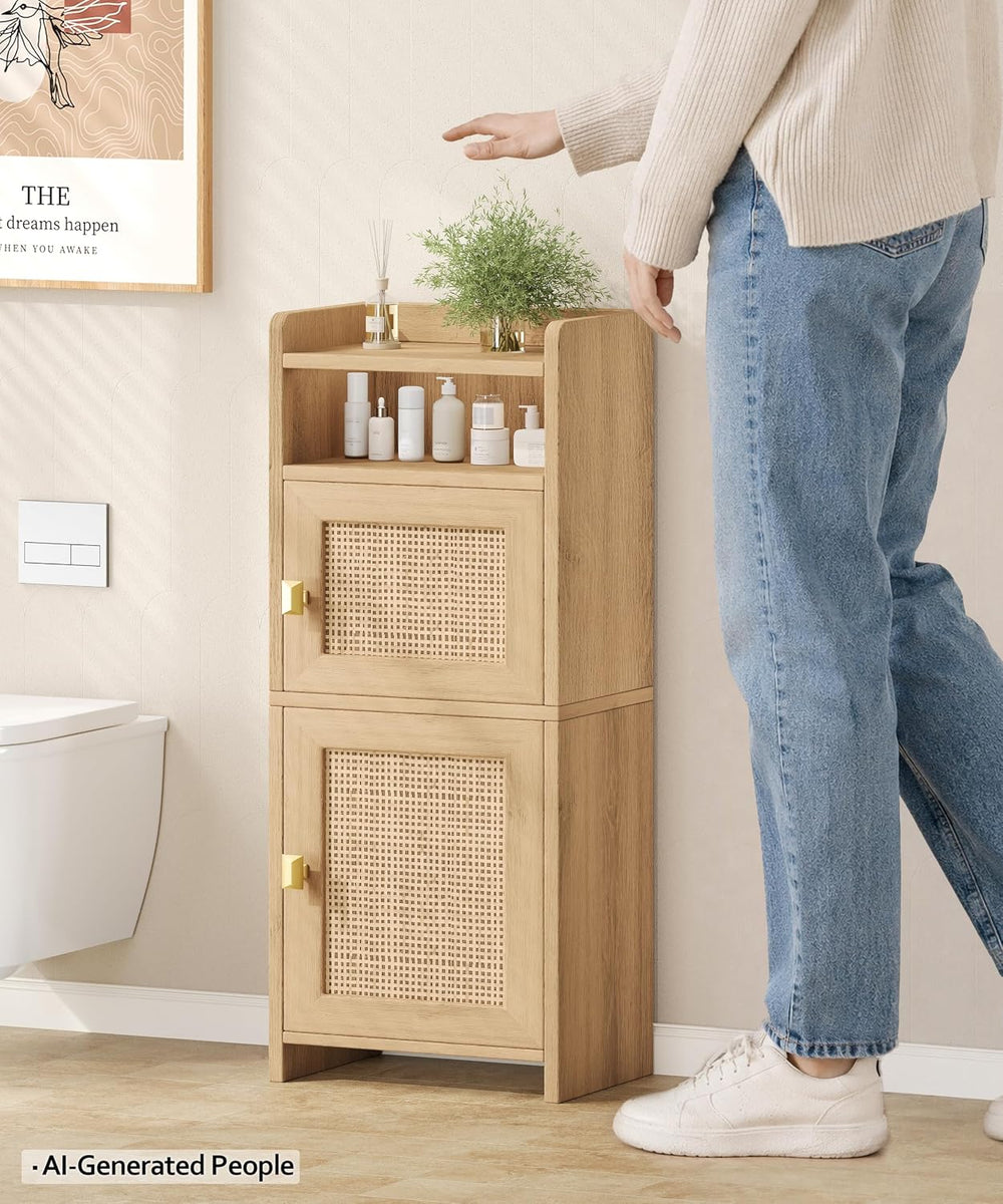 Akxomel Rattan Small Bathroom Cabinet with Open Shelf Wooden Floor Unit