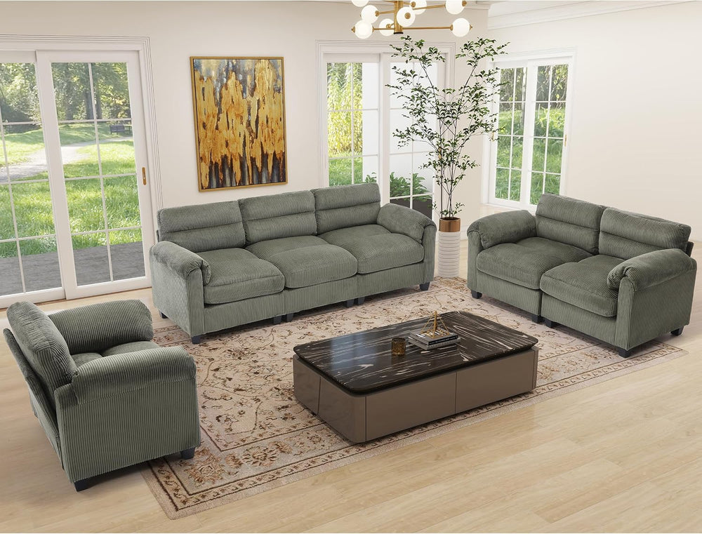 HAOMARKETS Corduroy Sofa Set, Upholstered Armchair, Loveseat, and 3-Seater Co...