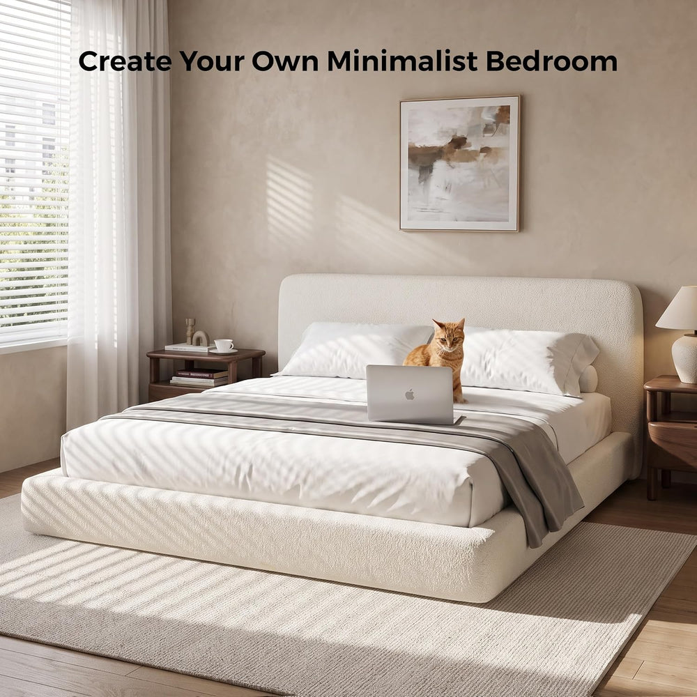 King Upholstered Bed Frame, King Size Cloud Bed Frame, White Platform Bed