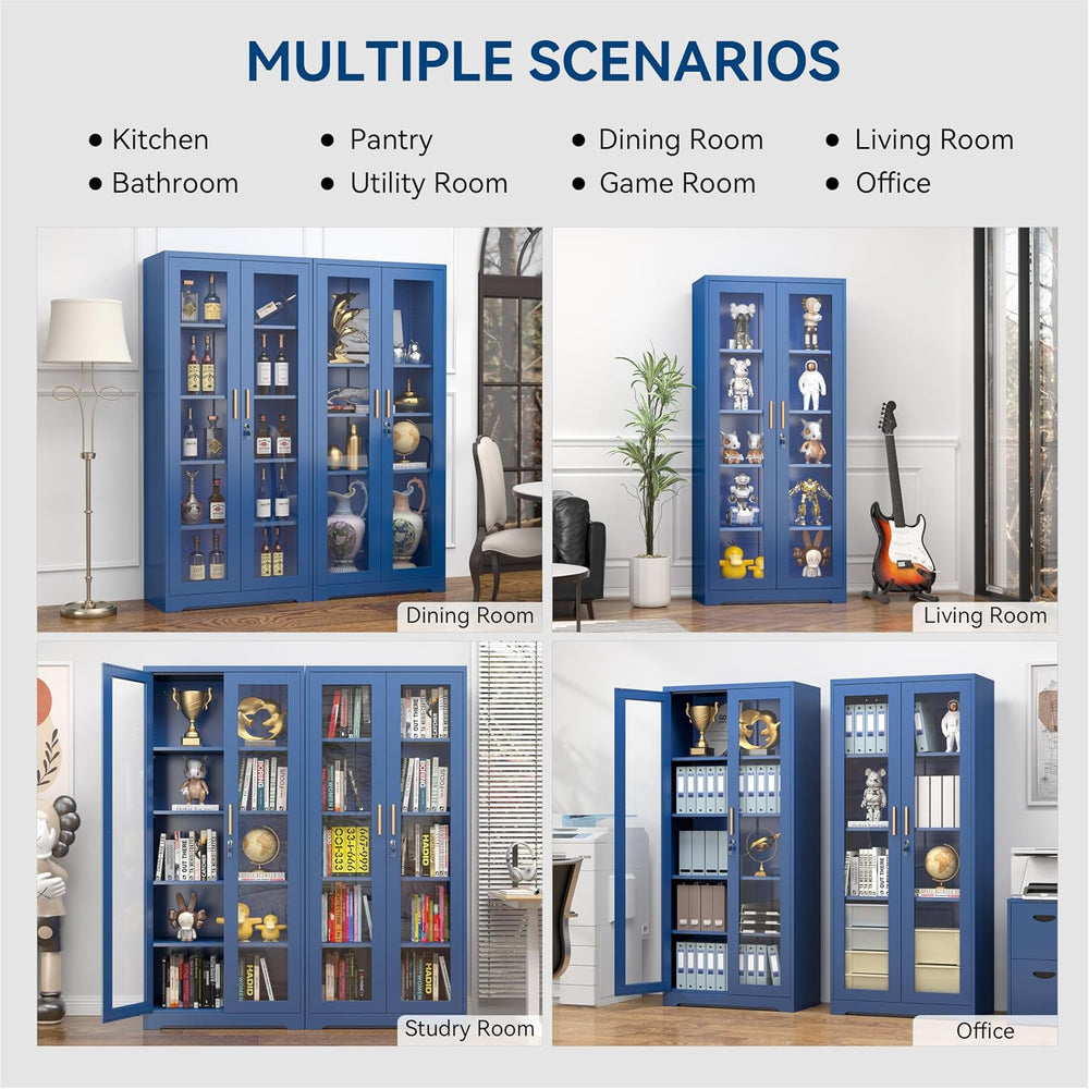 Polup 71" Blue Metal Glass Display Cabinet with Security Lock