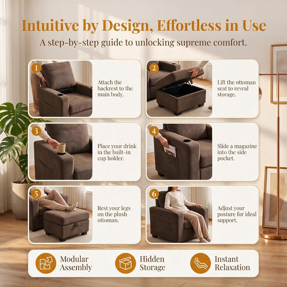 Convertible Sleep Chair with Ottoman, 5 in 1 Single Sofa, Coffee