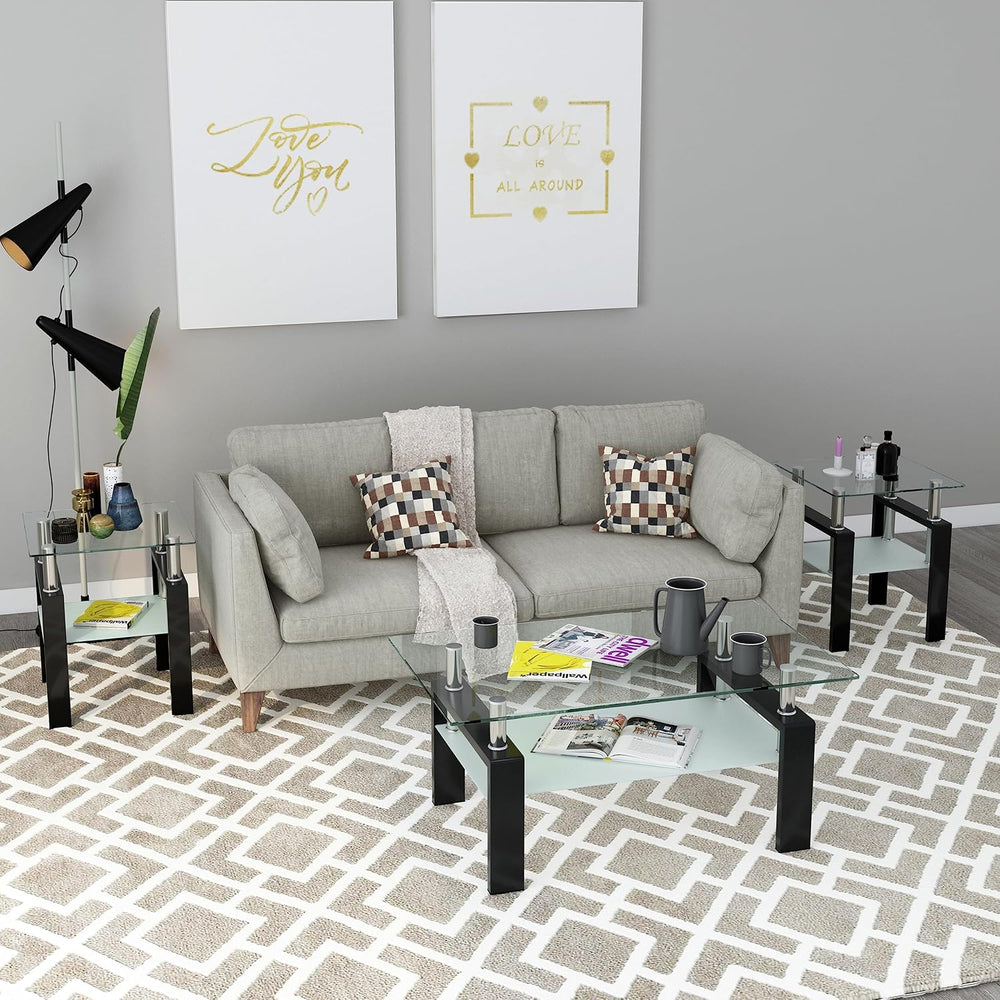 3 Piece Living Room Table Set, Glass Coffee Table Set of 3, Coffee Table Set ...