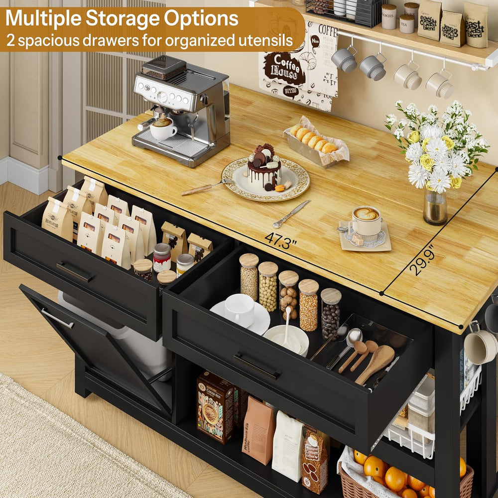 DynJest 47" Solid Rubberwood Top Kitchen Island with Storage, 2 Bar Stools